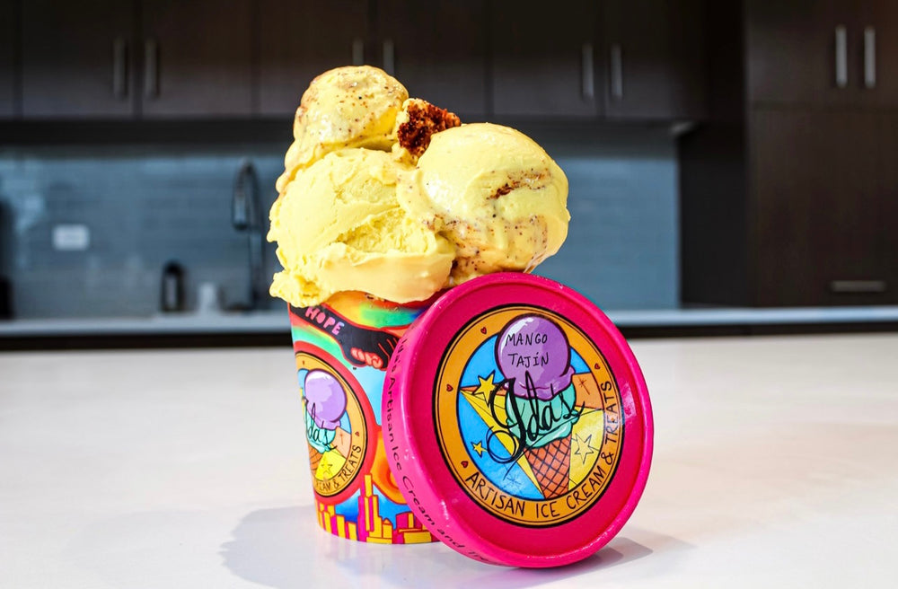 mango tajin ice cream sitting in Ida's Artisan Ice Cream container