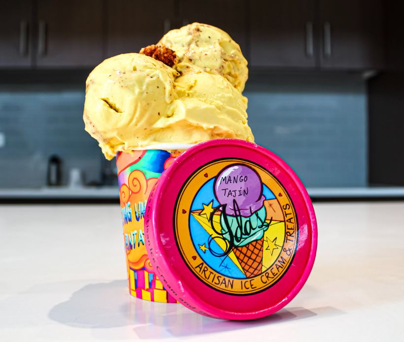 mango tajin ice cream sitting in Ida's Artisan Ice Cream cup